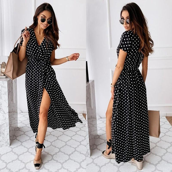 Long boho casual summer dress with sleeves and slit